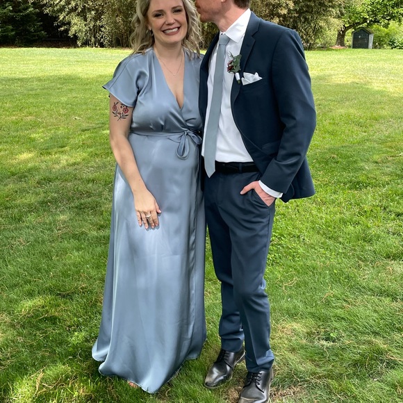 Azazie Nico Dusty Blue A-Line Satin Bridesmaid Wrap Dress Size A8 - Picture 9 of 9